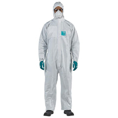 Disposable Coveralls: Size 3X-Large, 0.5382 oz, Microporous Polyethylene Laminate Non-Woven, 2-Way Zipper with Storm Flap, Chinstrap, Finger Loops & Elastic Closure