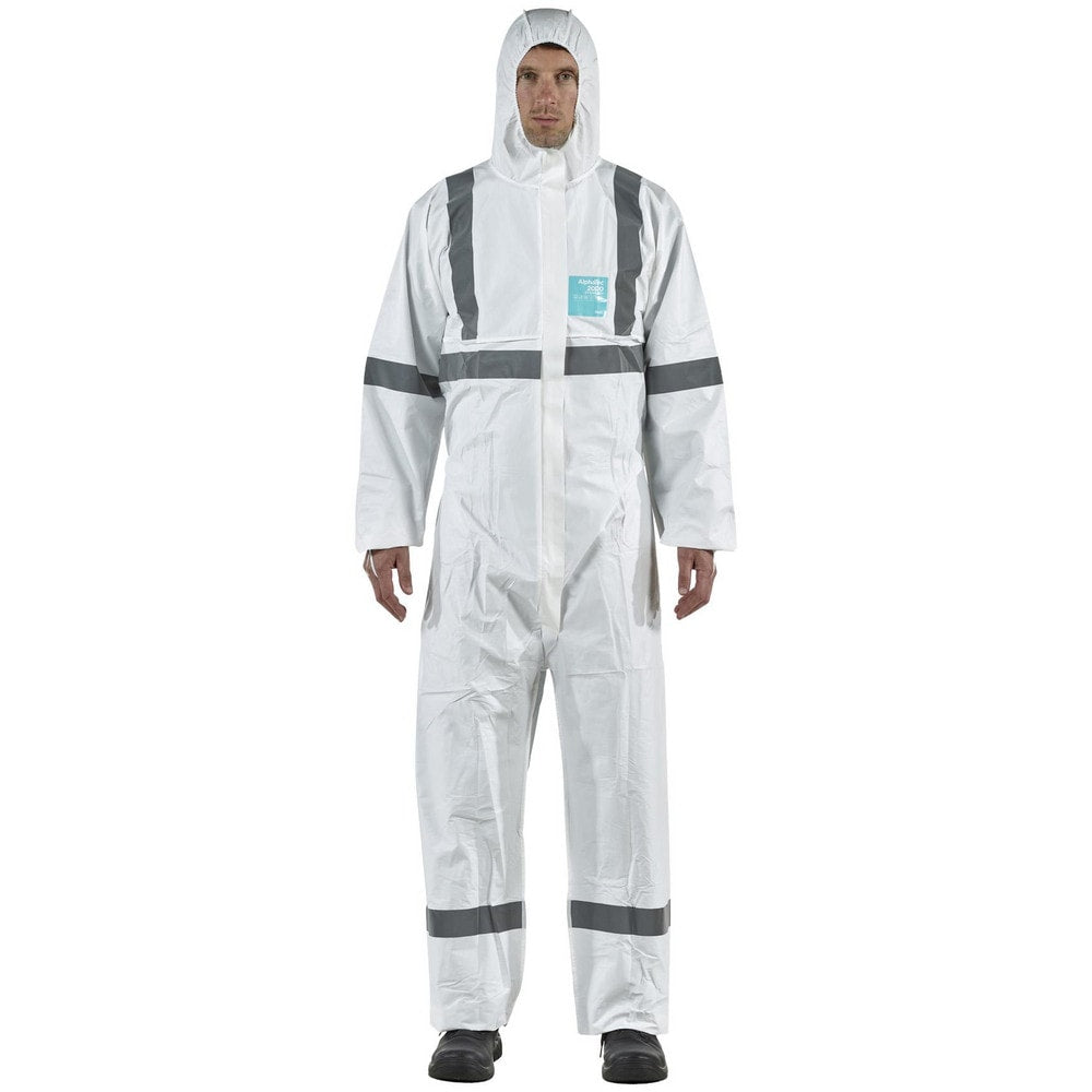 Disposable Coveralls: Size 3X-Large, 0.5382 oz, Microporous Polyethylene Laminate Non-Woven, 2-Way Zipper with Storm Flap Closure