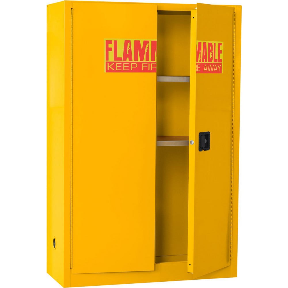 Flammable & Hazardous Storage Cabinets:  45.000 gal Drum, 2.000 Door,  2 Shelf,  Manual Closing,  Safety Yellow