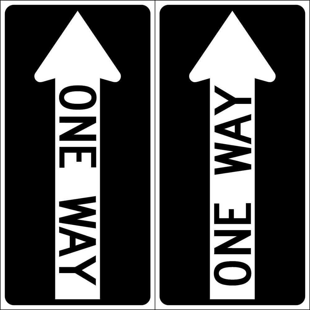 Adhesive Backed Floor Signs; Message Type: Traffic Control; Message/Graphic: Message & Graphic; Message or Graphic: Message & Graphic; Legend: ONE WAY; Material: Vinyl; Legend Color: Black; Color: White, Black; Shape: Square