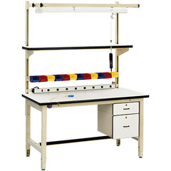 Heavy-Duty Work Bench with Drawer: 72" Wide, 30 to 36" High, Painted, Maple Top, Steel Base, Light Blue