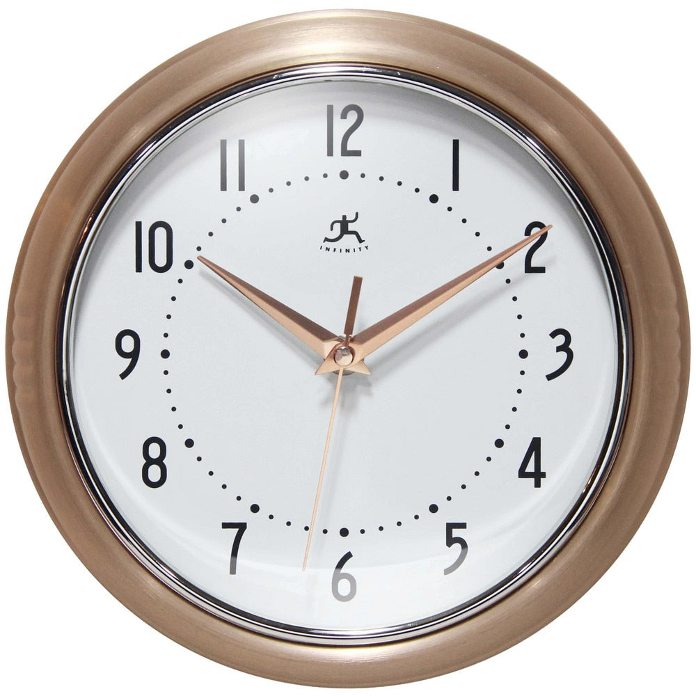 Office Wall Clocks; Clock Type: Dial; Display Type: Analog; Power Source: Battery; Clock Movement Control: Manual; Face Diameter: 7.25000; Face Color: White; Case Color: Copper; Digit Color: Black