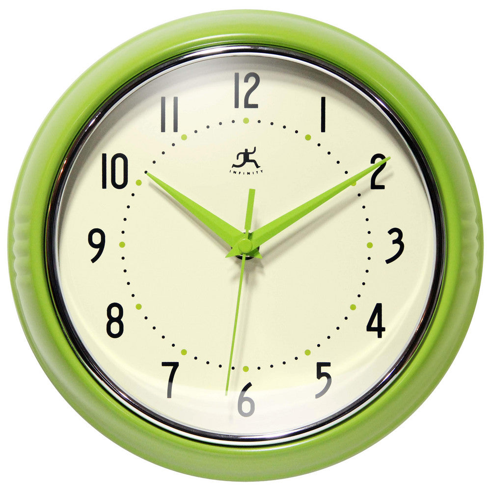 Office Wall Clocks; Clock Type: Dial; Display Type: Analog; Power Source: Battery; Clock Movement Control: Manual; Face Diameter: 7.2500; Face Color: Off-White; Case Color: Apple Green; Digit Color: Black