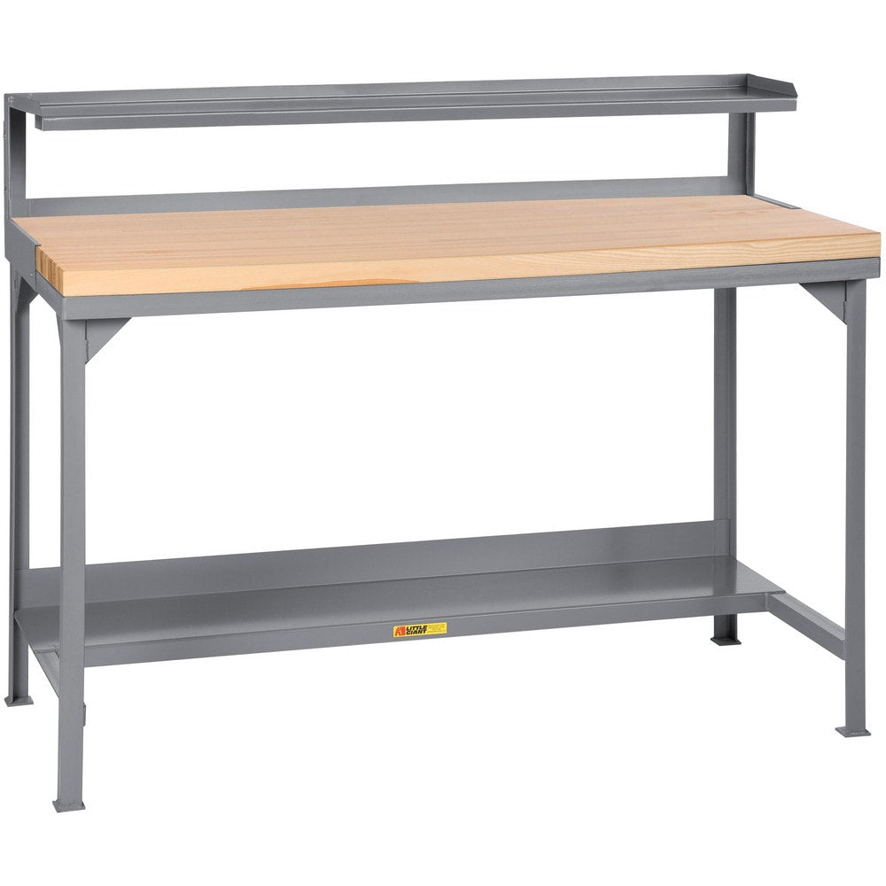 Welded Work Table: 60" Wide, 50-3/4 to 37-3/4" High, Powder Coated, Butcher Block Top, Steel Base, Gray