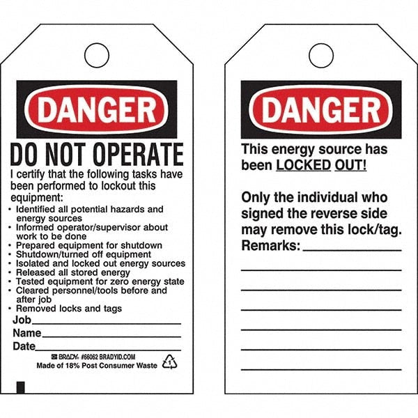 Do Not Operate Tag: 5-3/4" High, 3" Wide, Polyester, "DANGER"