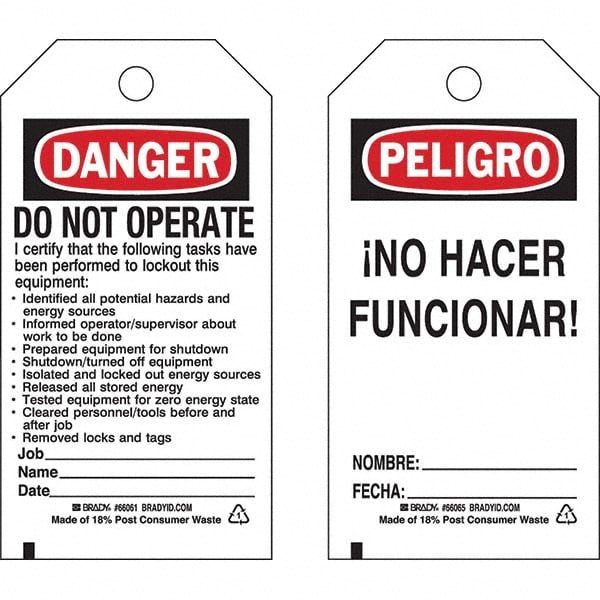 Do Not Operate Tag: 5-3/4" High, 3" Wide, Polyester, "DANGER"