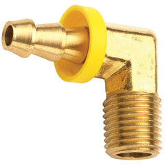 Barbed Push-On Hose Fittings; Fitting Type: Male Elbow; Inside Diameter (Inch): 3/8; Material: Brass; Thread Standard: NPTF; Thread Size: 1/4-18; Barb Size: 3/8