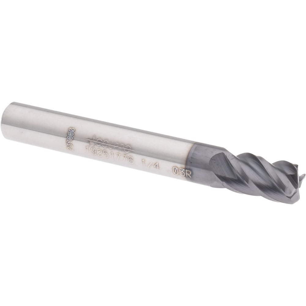 Corner Radius End Mill: 1/4" Dia, 3/8" LOC, 0.0300" Radius, 4 Flute, Solid Carbide