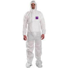 Disposable Coveralls: Chemical Protection, Size Small, 1.4200 oz, SMS, Two Way Zipper & Stormflaps Closure