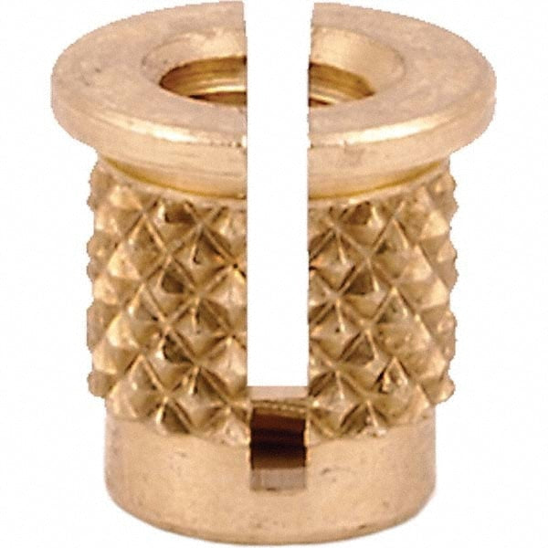 Press Fit Threaded Inserts; Product Type: Flanged; Material: Brass; Drill Size: 0.1875 in; Finish: Uncoated; Thread Size: #6-32; Overall Length (Decimal Inch): 0.2500; Insert Diameter (Decimal Inch): 0.2490; Thread Pitch: 32 in