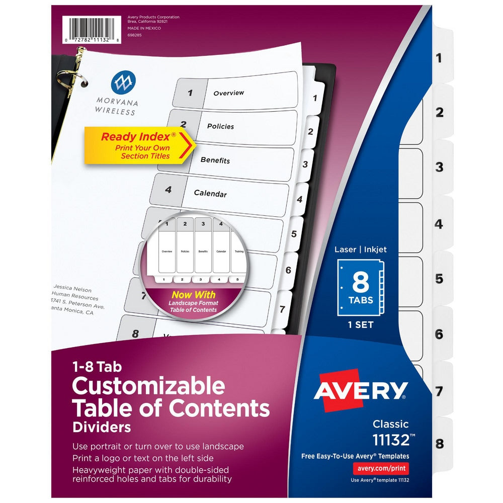 11 x 8 1/2" 1 to 8" Label, 8 Tabs, 3-Hole Punched, Preprinted Divider