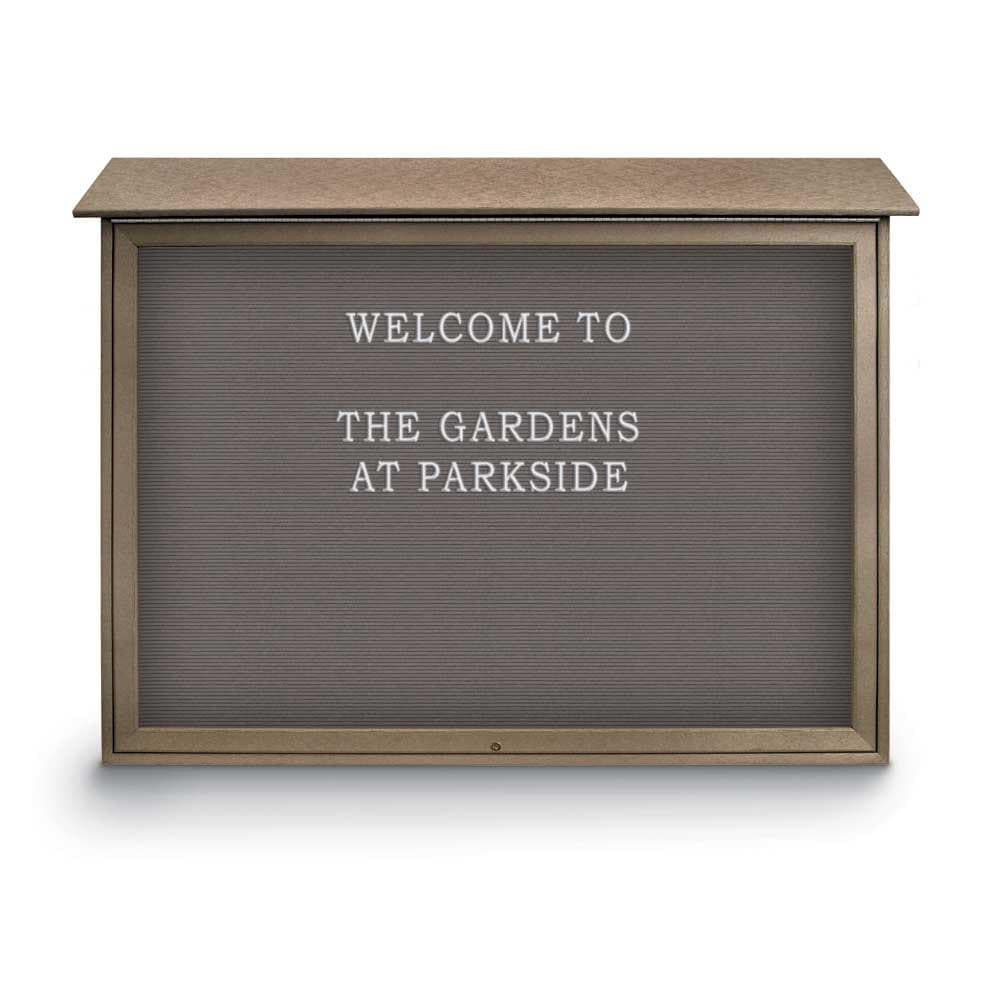 Enclosed Letter Board: 52" Wide, 40" High, Recycled Plastics, Weathered Wood