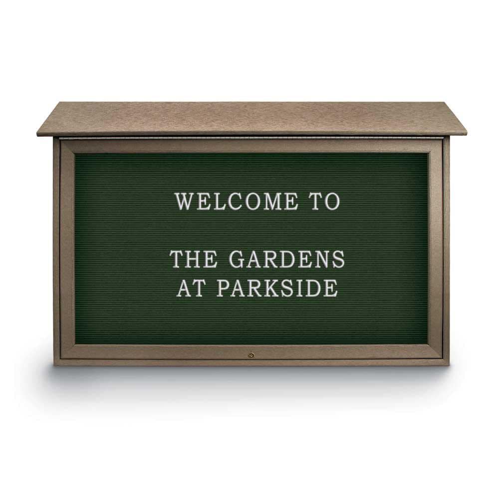 Enclosed Letter Board: 45" Wide, 30" High, Recycled Plastics, Weathered Wood