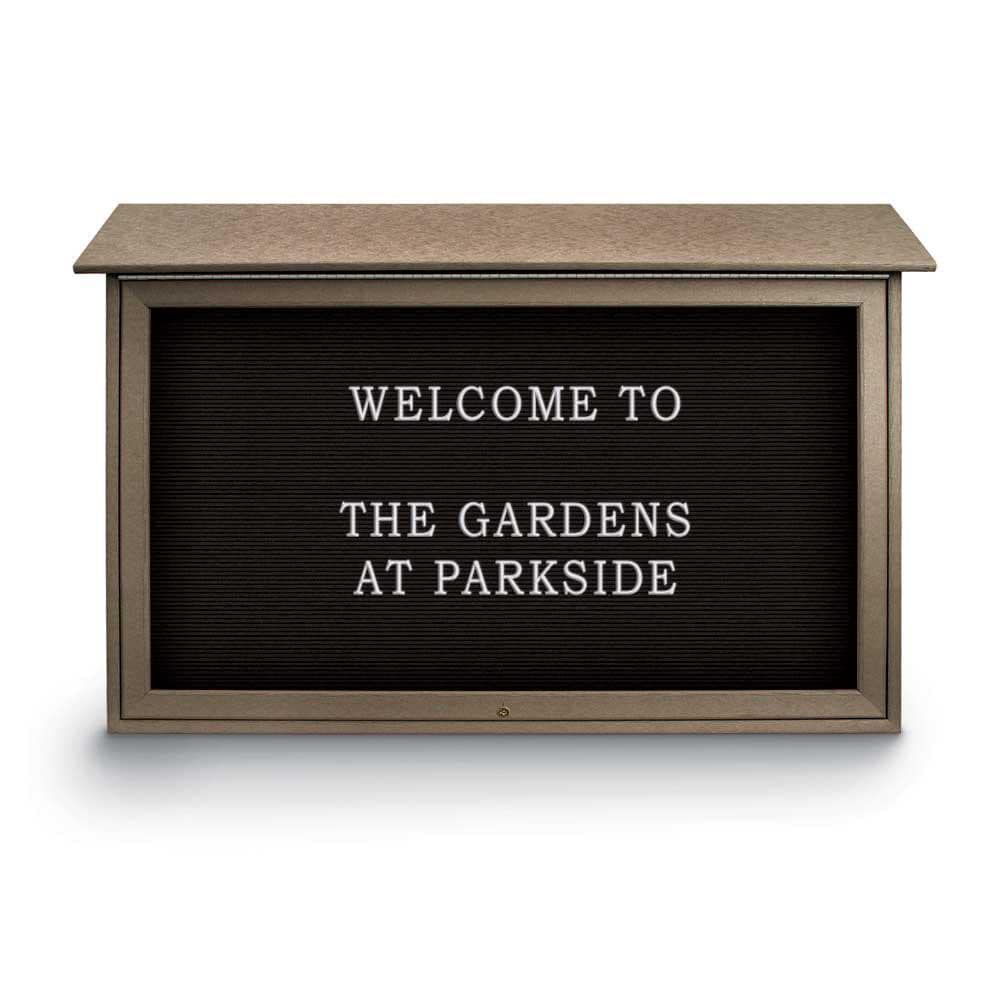 Enclosed Letter Board: 45" Wide, 30" High, Recycled Plastics, Weathered Wood