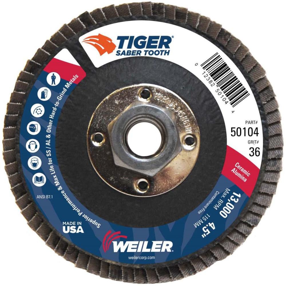 Flap Disc:  4-1/2" Dia, 36 Grit, Ceramic Alumina, Type 29