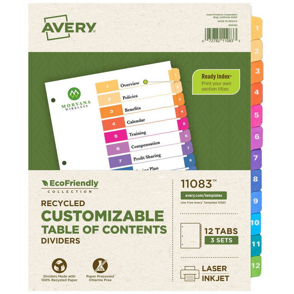 11 x 8 1/2" 1 to 12" Label, 12 Tabs, 3-Hole Punched, Preprinted Tab Dividers