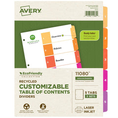 11 x 8 1/2" 1 to 5" Label, 5 Tabs, 3-Hole Punched, Preprinted Tab Dividers