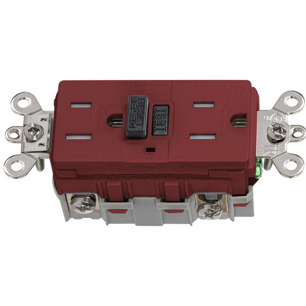 GFCI Receptacles; Grade: Industrial; Color: Red; NEMA Configuration: 5-15R; Amperage: 15; Reset Type: Manual; Voltage: 125 VAC; Wiring Method: Side; Back; Flange Style: No Flange; Resistance Features: Weather Resistant; Tamper Resistant; Number of Phases: