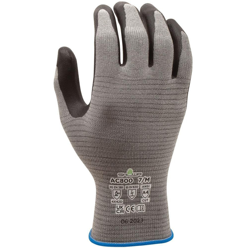 Cut-Resistant Gloves: SHOWA AC800, Size X-Large, ANSI Cut A4, ANSI Puncture 0, Micropore Nitrile, Engineered Yarn & Microfiber