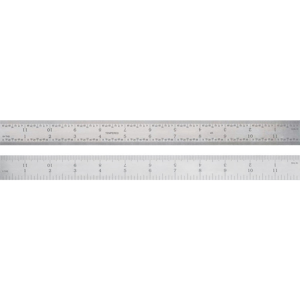 Steel Rules; Material: Steel; Length (Inch): 18; Graduation (Inch): 1/16, 1/64, 1/8, 1/32; Tip Style: Flat; Color: Silver; Flexibility: Rigid