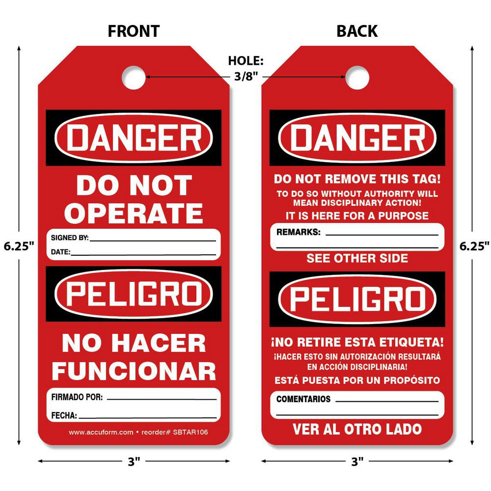 Accident Prevention Tag: Rectangle, 6-1/4" High, Synthetic Paper, "DANGER PELIGRO"