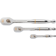 Ratchet Sets; Drive Size: 1/4, 3/8, 1/2; Overall Length (Inch): Various; Head Shape: Teardrop; Head Features: Reversible, Flat & Flex, Standard; Head Style: Flex; Material: Alloy Steel; Handle Type: Standard; Finish: Polished Chrome