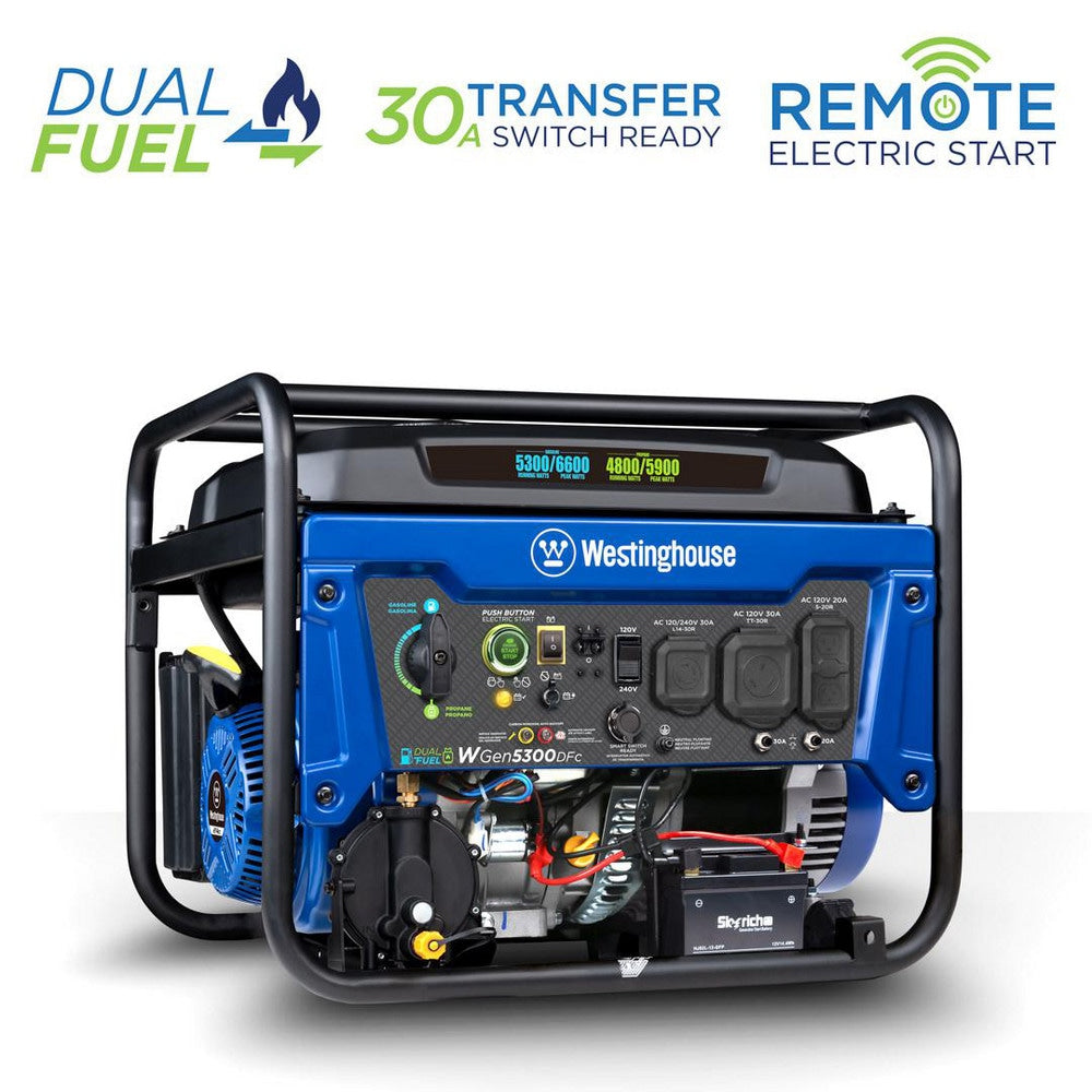 Portable Power Generators; Fuel Type: Gasoline, Propane; Starting Method: Electric Start, Recoil, Remote Start; Running Watts: 5.3; Wattage (kW): 6.6; Starting Watts: 6600 W; Run Time Half Load: 11