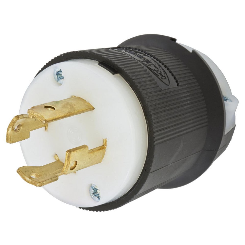 Locking Devices, Twist-Lock, Industrial, Male Insulgrip Plug, 30A 3-Phase 480V AC, 3-Pole 4-Wire Grounding, L16-30P, Spring Terminal, Black and White Nylon.