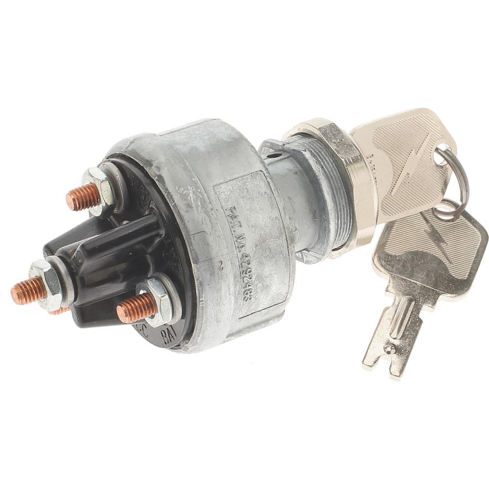 Automotive Switches; Switch Type: Ignition Switch-12v; Number Of Connections: 4; Contact Form: 10-32 Stud; Sequence: ACC-Off-On/ACC-Start; Amperage: 30; Voltage: 12; Color: Gray; Actuator Type: Key Manual