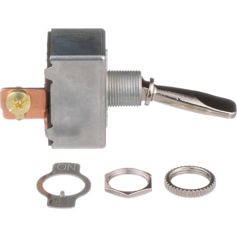 Automotive Switches; Switch Type: Toggle Switch; Number Of Connections: 2; Contact Form: SPST; Sequence: On-Off; Amperage: 50; Voltage: 6-24; Color: Chrome; Actuator Type: Toggle