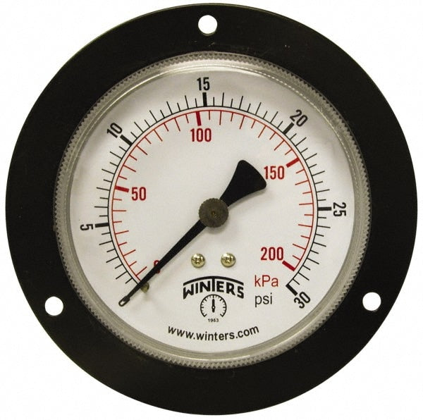 Pressure Gauge: 3-1/2" Dial, 1/4" Thread, Front Flange Panel & Center Back Mount