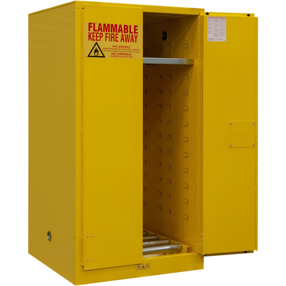 Flammable & Hazardous Storage Cabinets:  55.000 gal Drum, 2.000 Door,  1 Shelf,  Manual Closing,  Safety Yellow