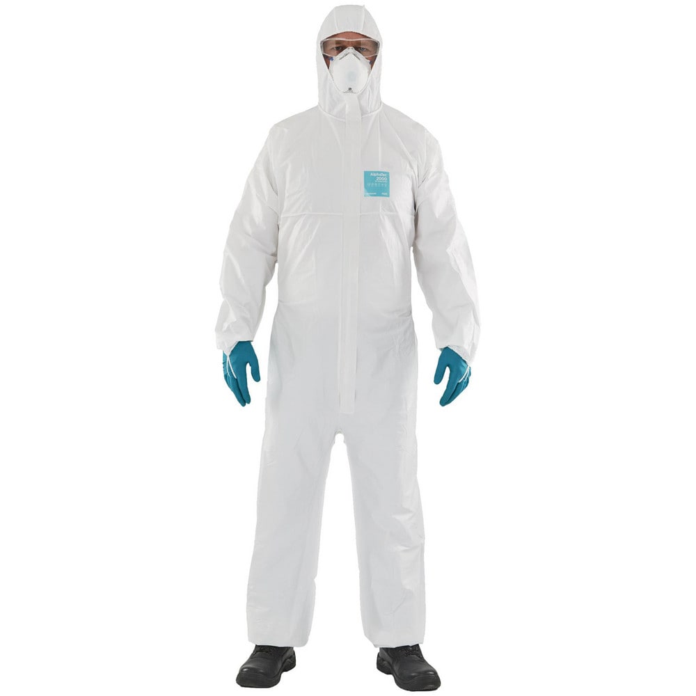 Disposable Coveralls: Size X-Large, 0.5382 oz, Microporous Polyethylene Laminate Non-Woven, 2-Way Zipper with Storm Flap, Finger Loops & Elastic Closure