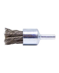 3/4″ Diameter × 1/4″ Shank Diameter × 7/8″ Trim Length, 0.014″ Crimped Bristle, Stainless Steel, Knotted End Brush