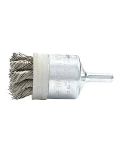 3/4″ Diameter × 1/4″ Shank Diameter × 7/8″ Trim Length, 0.020″ Crimped Bristle, Stainless Steel, Knotted End-Banded Brush