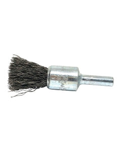 1/2″ Diameter × 1/4″ Shank Diameter × 7/8″ Trim Length, 0.010″ Crimped Bristle, Carbon Steel, Solid End Brush