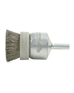 3/4″ Diameter × 1/4″ Shank Diameter × 7/8″ Trim Length, 0.010″ Crimped Bristle, Stainless Steel, Solid End - Banded Brush