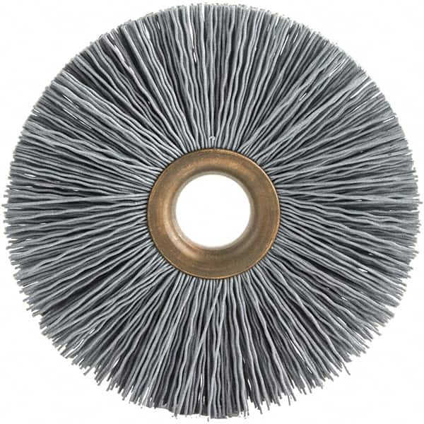 Brush Research Mfg. - 4" OD, 5/8" Arbor Hole, Crimped Abrasive Nylon Wheel Brush - 3/4" Face Width, 1-7/16" Trim Length, 20,000 RPM - Caliber Tooling