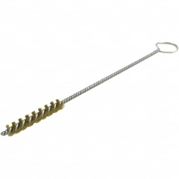 Brush Research Mfg. - 2" Diam Helical Brass Tube Brush - Single Spiral, 0.012" Filament Diam, 3-1/2" Brush Length, 18" OAL, 0.292" Diam Galvanized Steel Shank - Caliber Tooling