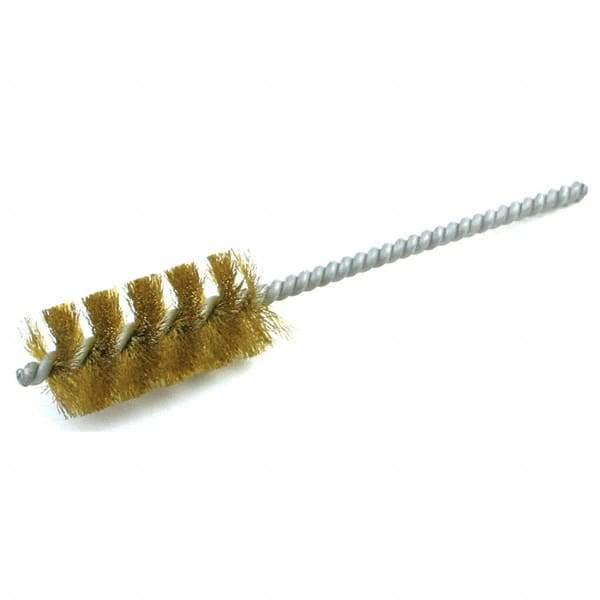 Brush Research Mfg. - 1-1/2" Diam Helical Brass Tube Brush - Single Spiral, 0.01" Filament Diam, 2-1/2" Brush Length, 6" OAL, 0.245" Diam Galvanized Steel Shank - Caliber Tooling