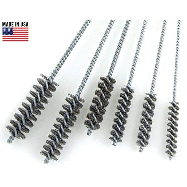 Brush Research Mfg. - 7/16" Diam Helical Steel Tube Brush - Single Spiral, 0.006" Filament Diam, 2-1/2" Brush Length, 10" OAL, 0.168" Diam Galvanized Steel Shank - Caliber Tooling