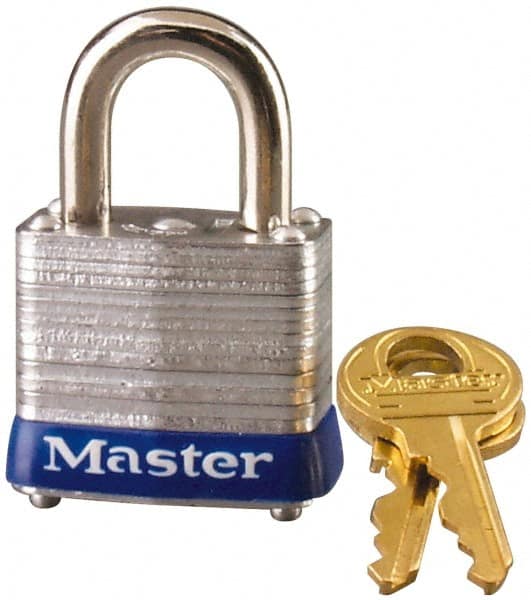 Master Lock - 9/16" Shackle Clearance, Keyed Alike General Security Padlock - 3/16" Shackle Diam, Laminated Steel - Caliber Tooling