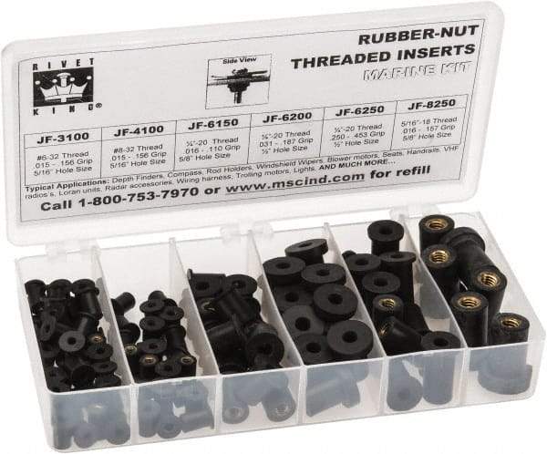 RivetKing 115 Piece #8-32 to 1/4-20 Thread Neoprene Well Nut Assortment 5/16 to 1/2" Body Diam, Includes #10-32 x 3/8, #8-32 x 5/16 & 1/4-20 x 1/2 - Caliber Tooling