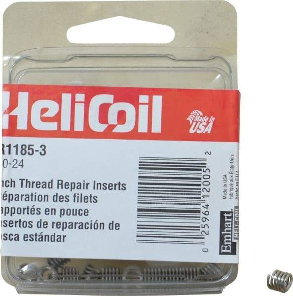 Heli-Coil - #10-24 UNC, 0.285" OAL, Free Running Helical Insert - 5 Free Coils, Tanged, Stainless Steel, Bright Finish, 1-1/2D Insert Length - Caliber Tooling