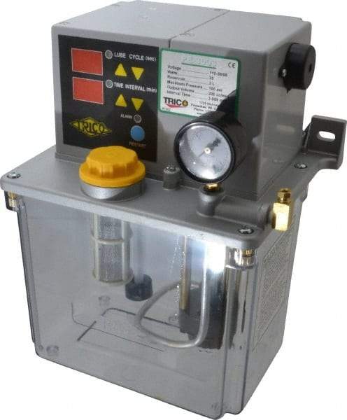 Trico - 3 L Reservoir Capacity, 0.2 cm Output per Hour, Electric Central Lubrication System - 3-999 Min Interval Between Cycles, 170mm Wide x 255mm High, 110 Volts, Oil, 5/16-24 Outlet Thread - Caliber Tooling