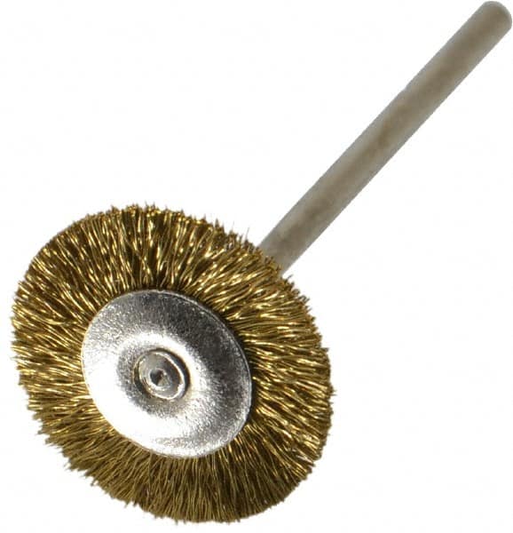 Osborn - 3/4" OD, 3/32" Shank Diam, Crimped Brass Wheel Brush - 0.005" Filament Diam, 25,000 RPM - Caliber Tooling