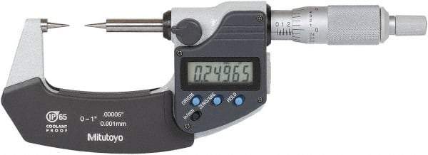 Mitutoyo - 1 Inch, 32mm Throat Depth, Ratchet Stop, Digital Point Micrometer - Accurate Up to 0.0001 Inch, 15° Point Angle - Caliber Tooling