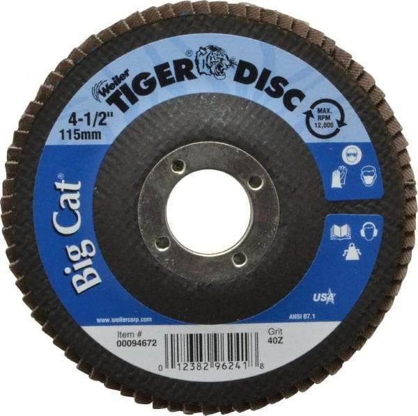 Weiler - 40 Grit, 4-1/2" Disc Diam, 7/8" Center Hole, Type 27 Zirconia Alumina Flap Disc - 12,000 Max RPM, Phenolic Backing, Arbor Attaching System, Coated - Caliber Tooling