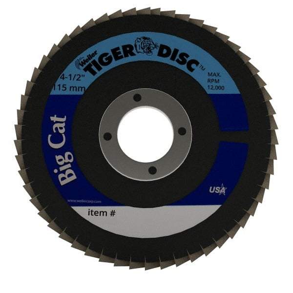 Weiler - 60 Grit, 4-1/2" Disc Diam, 7/8" Center Hole, Type 27 Zirconia Alumina Flap Disc - 12,000 Max RPM, Phenolic Backing, Arbor Attaching System, Coated - Caliber Tooling