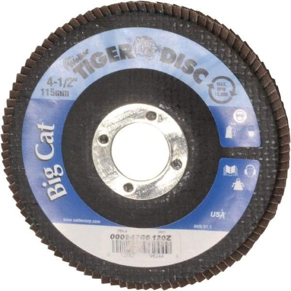 Weiler - 120 Grit, 4-1/2" Disc Diam, 7/8" Center Hole, Type 27 Zirconia Alumina Flap Disc - 12,000 Max RPM, Phenolic Backing, Arbor Attaching System, Coated - Caliber Tooling